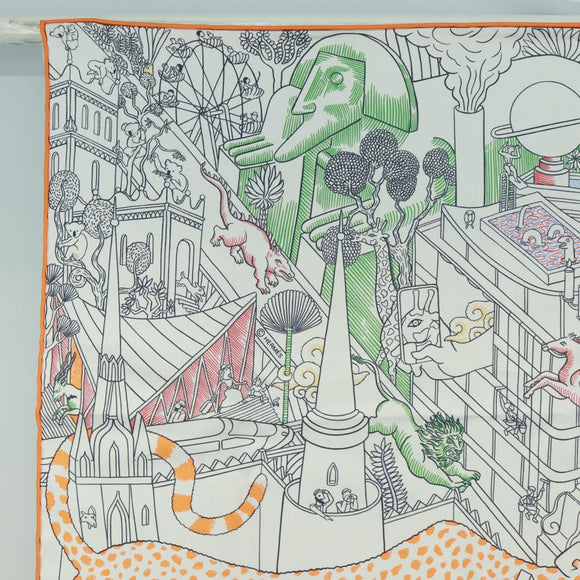 HERMES Carre 90 Scarf ""Animapolis"" Silk White Auth 172016SAM