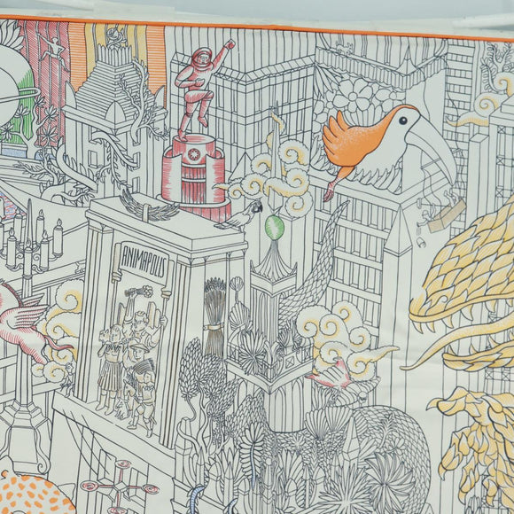 HERMES Carre 90 Scarf ""Animapolis"" Silk White Auth 172016SAM