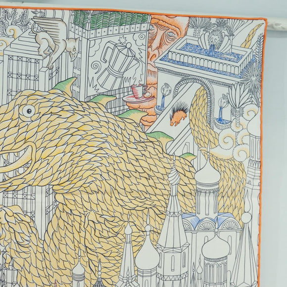 HERMES Carre 90 Scarf ""Animapolis"" Silk White Auth 172016SAM