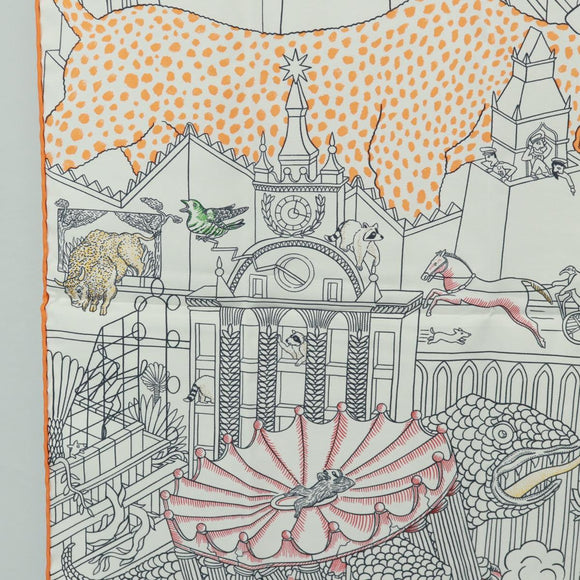 HERMES Carre 90 Scarf ""Animapolis"" Silk White Auth 172016SAM