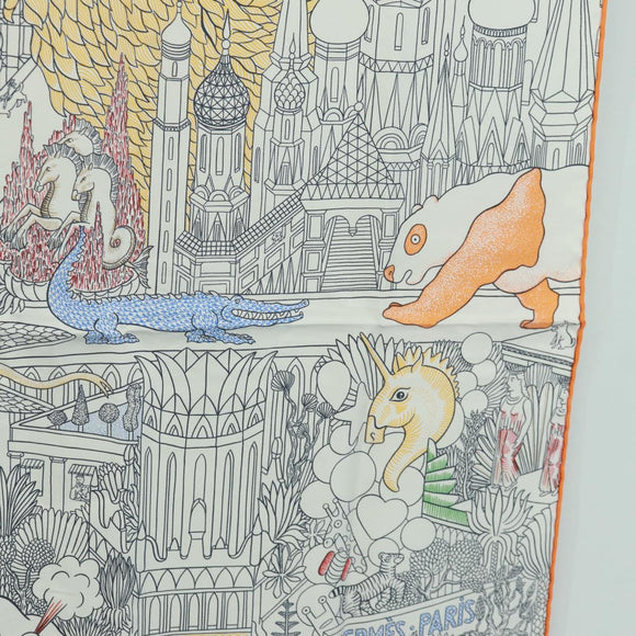 HERMES Carre 90 Scarf ""Animapolis"" Silk White Auth 172016SAM