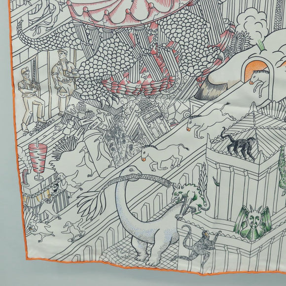 HERMES Carre 90 Scarf ""Animapolis"" Silk White Auth 172016SAM