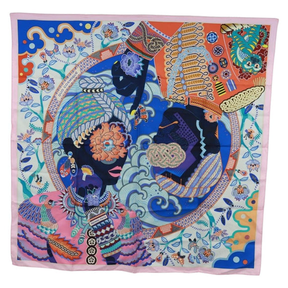 HERMES Carre 90 Scarf ""Duo Cosmique"" Silk Pink Auth 172020SAM