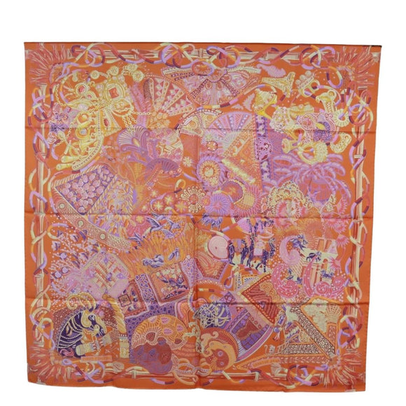 HERMES Carre 90 Scarf ""AU FIL DU CARRE"" Silk Orange Auth 172021M