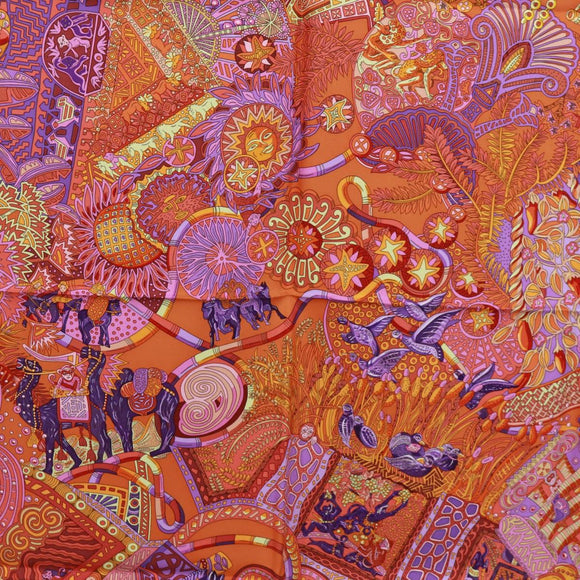 HERMES Carre 90 Scarf ""AU FIL DU CARRE"" Silk Orange Auth 172021M