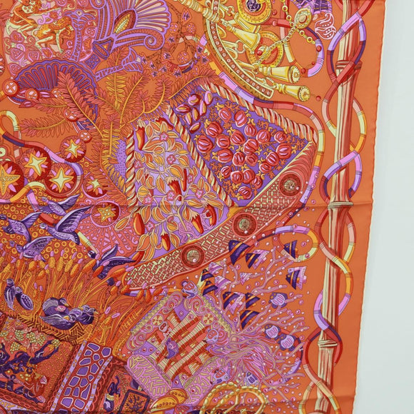 HERMES Carre 90 Scarf ""AU FIL DU CARRE"" Silk Orange Auth 172021M