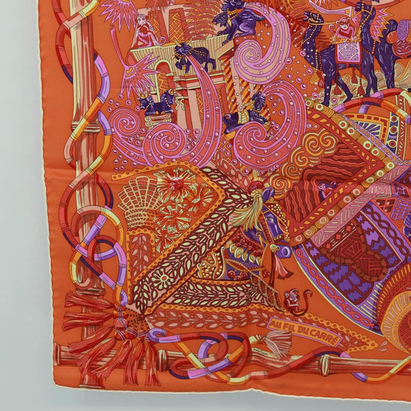 HERMES Carre 90 Scarf ""AU FIL DU CARRE"" Silk Orange Auth 172021M