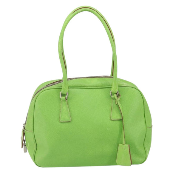 PRADA Hand Bag Leather Silver Light green Auth 172031