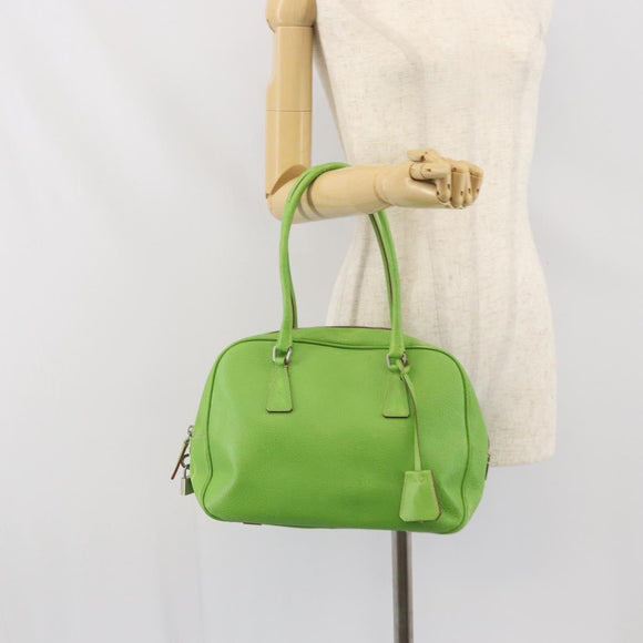PRADA Hand Bag Leather Silver Light green Auth 172031