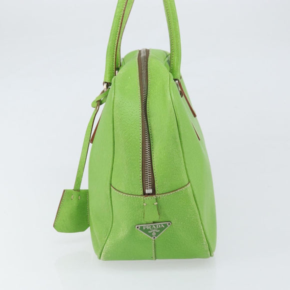 PRADA Hand Bag Leather Silver Light green Auth 172031