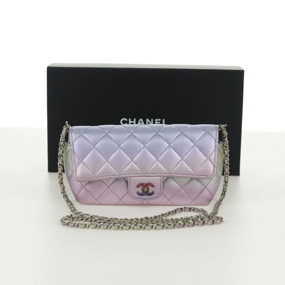 CHANEL Ketting Schouder Zakje Matelasse Leer Paars Zilveren CC Auth 172041SAM