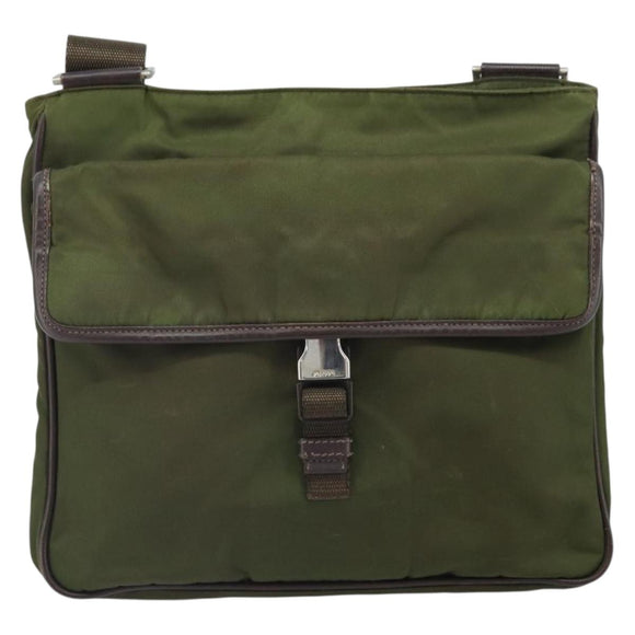 PRADA Shoulder Bag Nylon Khaki Silver Auth 172042