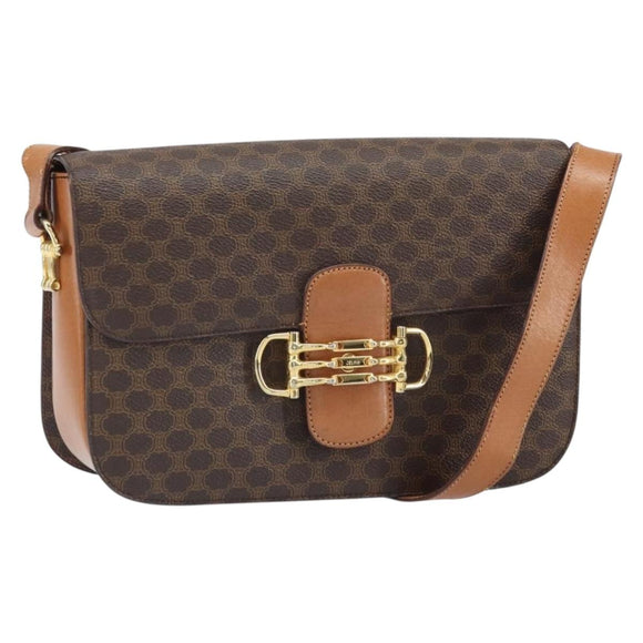 CELINE Macadam Canvas Horsebit Shoulder Bag PVC Leather Brown Gold Auth 172052