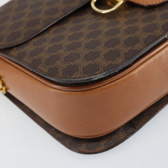 CELINE Macadam Canvas Horsebit Shoulder Bag PVC Leather Brown Gold Auth 172052