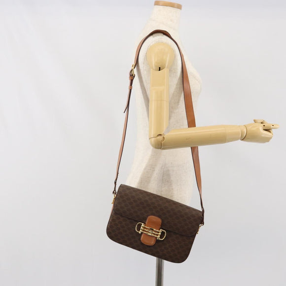 CELINE Macadam Canvas Horsebit Shoulder Bag PVC Leather Brown Gold Auth 172052