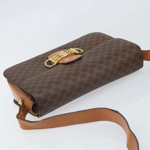 CELINE Macadam Canvas Horsebit Shoulder Bag PVC Leather Brown Gold Auth 172052