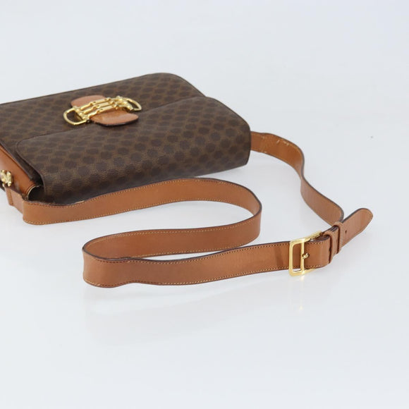 CELINE Macadam Canvas Horsebit Shoulder Bag PVC Leather Brown Gold Auth 172052