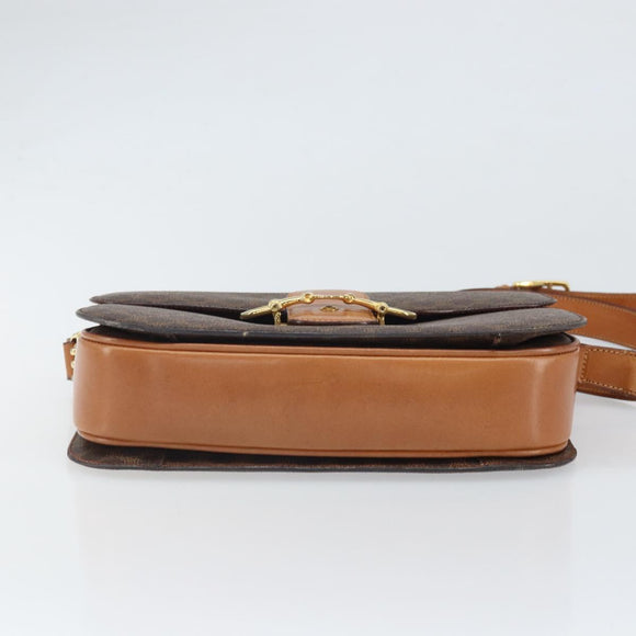 CELINE Macadam Canvas Horsebit Shoulder Bag PVC Leather Brown Gold Auth 172052