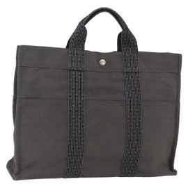 HERMES Her Line Tote MM Hand Bag Canvas Gray Silver Auth 172058