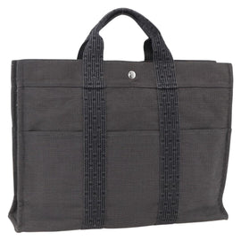 HERMES Her Line Tote MM Hand Bag Canvas Gray Silver Auth 172060