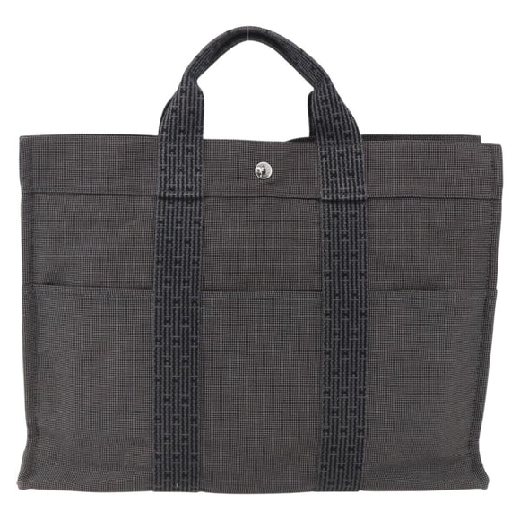 HERMES Her Line Tote MM Hand Bag Canvas Gray Silver Auth 172060