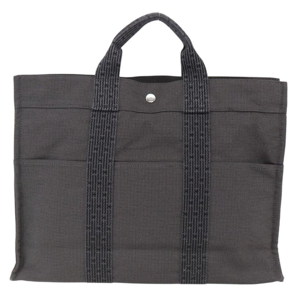 HERMES Her Line Tote MM Hand Bag Canvas Gray Silver Auth 172060