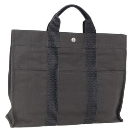 HERMES Her Line Tote MM Hand Bag Canvas Gray Silver Auth 172061