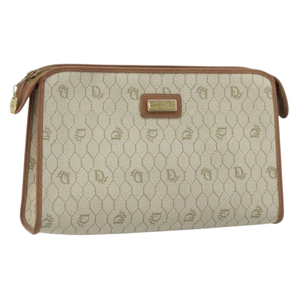 Christian Dior Honeycomb Canvas Clutch Bag PVC Beige Gold Auth 172084
