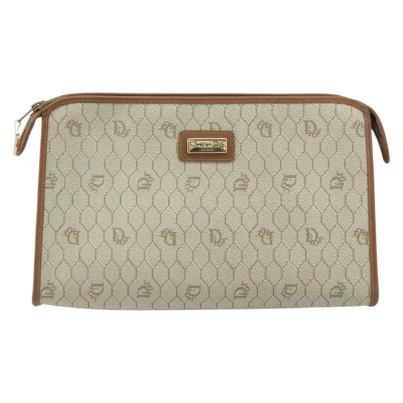 Christian Dior Honeycomb Canvas Clutch Bag PVC Beige Gold Auth 172084