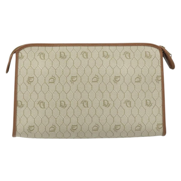 Christian Dior Honeycomb Canvas Clutch Bag PVC Beige Gold Auth 172084