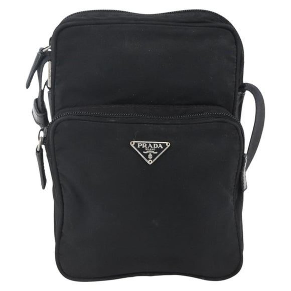 PRADA Schoudertas Nylon Zilver Zwart Auth 172170
