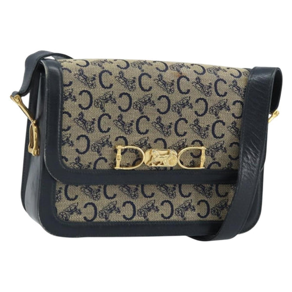 CELINE C Sulky Shoulder Bag Canvas Navy Gold Auth 172177