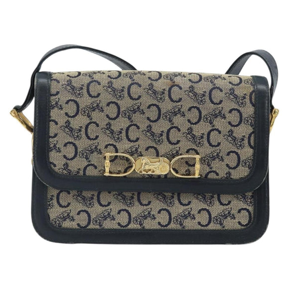 CELINE C Sulky Shoulder Bag Canvas Navy Gold Auth 172177