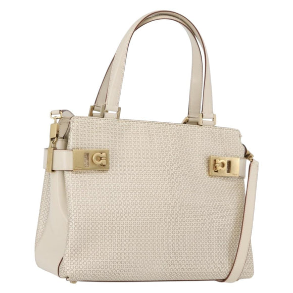 Salvatore Ferragamo Gancini Hand Bag Leather 2way Ivory Gold Auth 172181
