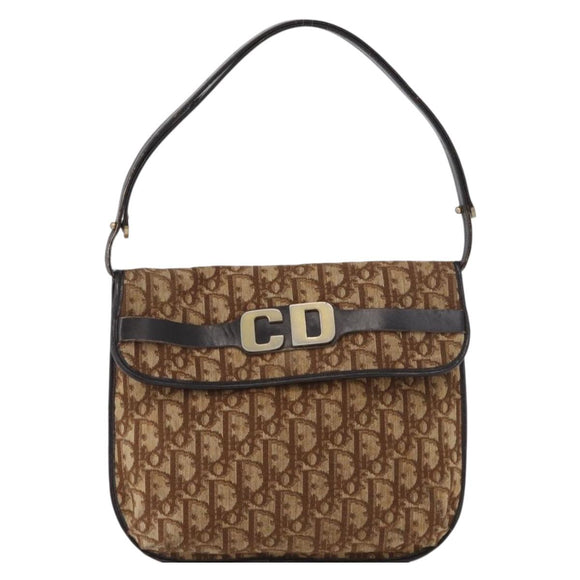 Christian Dior Trotter Canvas Shoulder Bag Brown Gold Auth 172219