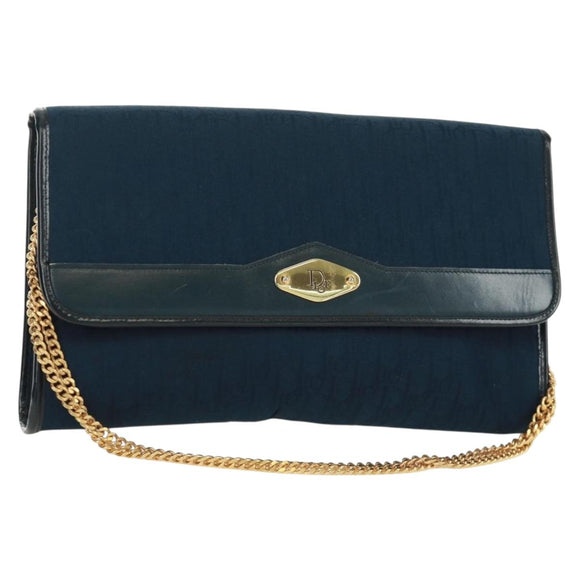 Christian Dior Chain Trotter Canvas Shoulder Bag Navy Gold Auth 172233V