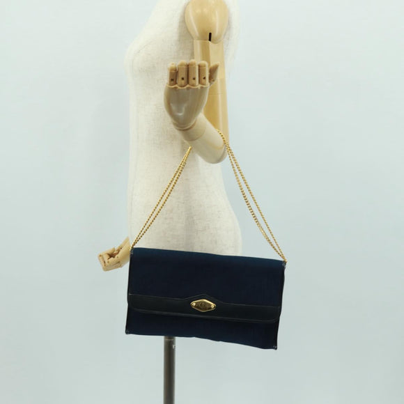 Christian Dior Chain Trotter Canvas Shoulder Bag Navy Gold Auth 172233V