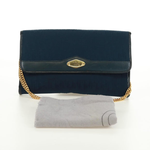 Christian Dior Chain Trotter Canvas Shoulder Bag Navy Gold Auth 172233V