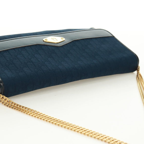 Christian Dior Chain Trotter Canvas Shoulder Bag Navy Gold Auth 172233V