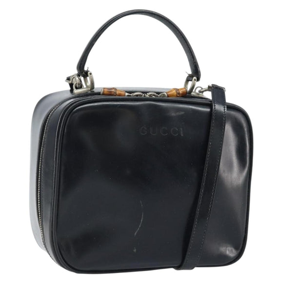 GUCCI Bamboo Hand Bag Patent leather 2way Black Silver Auth 172271