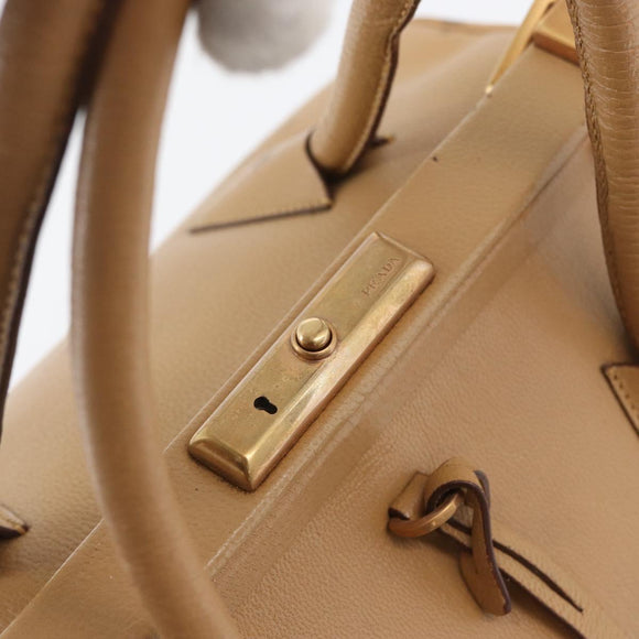 PRADA Hand Bag Leather Beige Gold Auth 172291