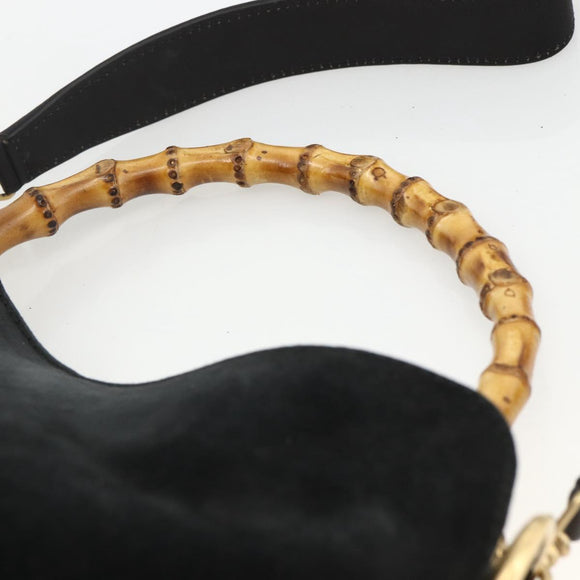 GUCCI Bamboo Shoulder Bag Suede 2way Black Gold 001 2058 1638 0 Auth 172310