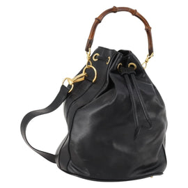 GUCCI Bamboo Shoulder Bag Leather 2way Black Gold Auth 172311