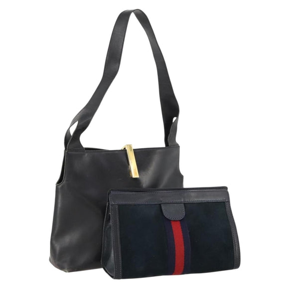 GUCCI Sherry Line Shoulder Bag Suede Leather 2 Set Black Navy Red Auth 172315