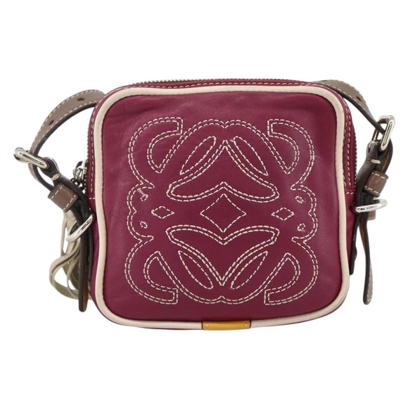 LOEWE Anagram Shoulder Bag Leather Silver Red Auth 172343V