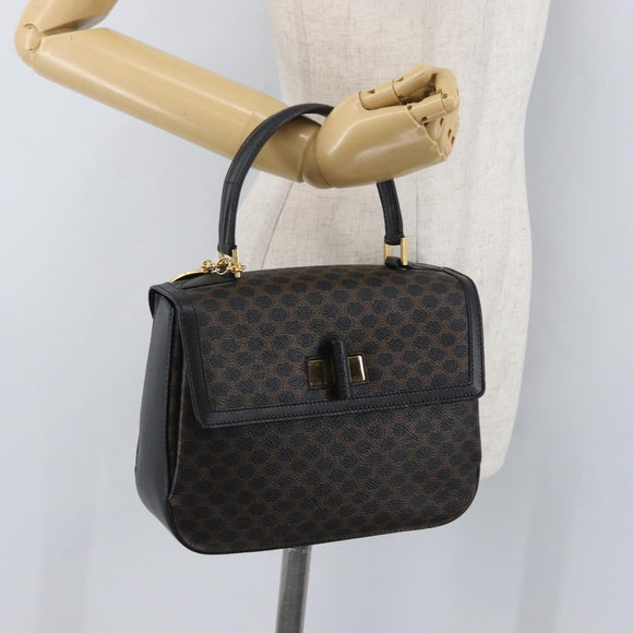 CELINE Circle Macadam Canvas Hand Bag PVC Leather Black Gold Auth 172374