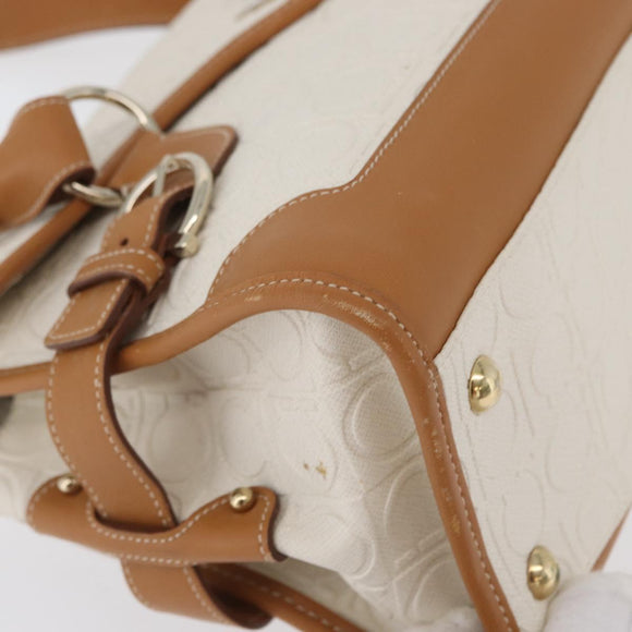 Salvatore Ferragamo Gancini Hand Bag PVC Canvas White Gold Auth 172375