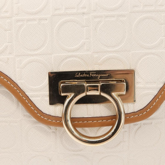 Salvatore Ferragamo Gancini Hand Bag PVC Canvas White Gold Auth 172375