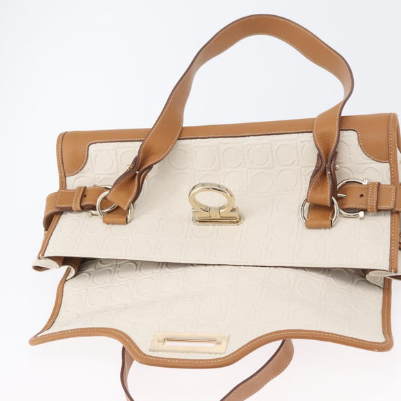 Salvatore Ferragamo Gancini Hand Bag PVC Canvas White Gold Auth 172375