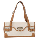 Salvatore Ferragamo Gancini Hand Bag PVC Canvas White Gold Auth 172375-13